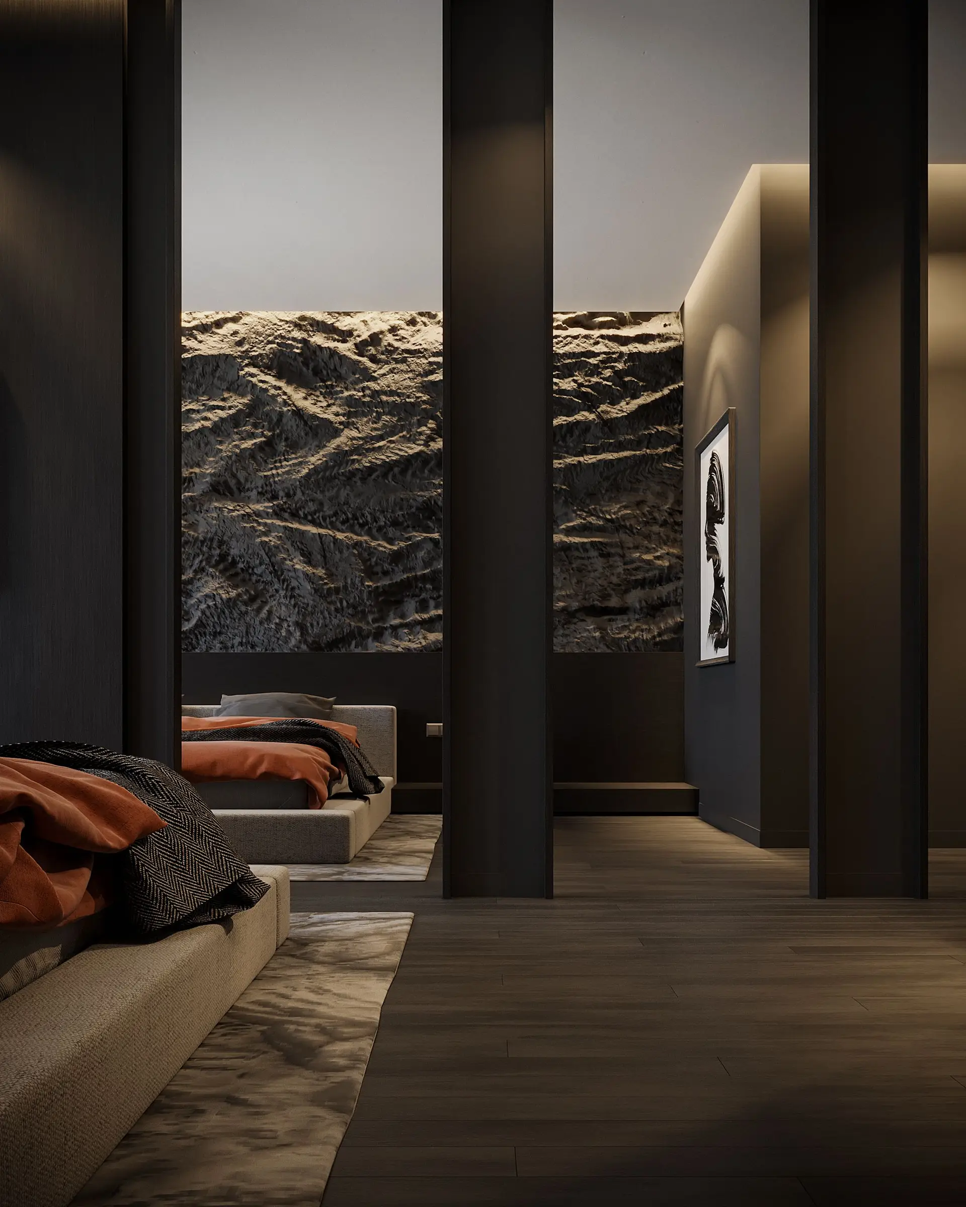 Completed bedroom interior showcasing layered textiles and warm minimal styling