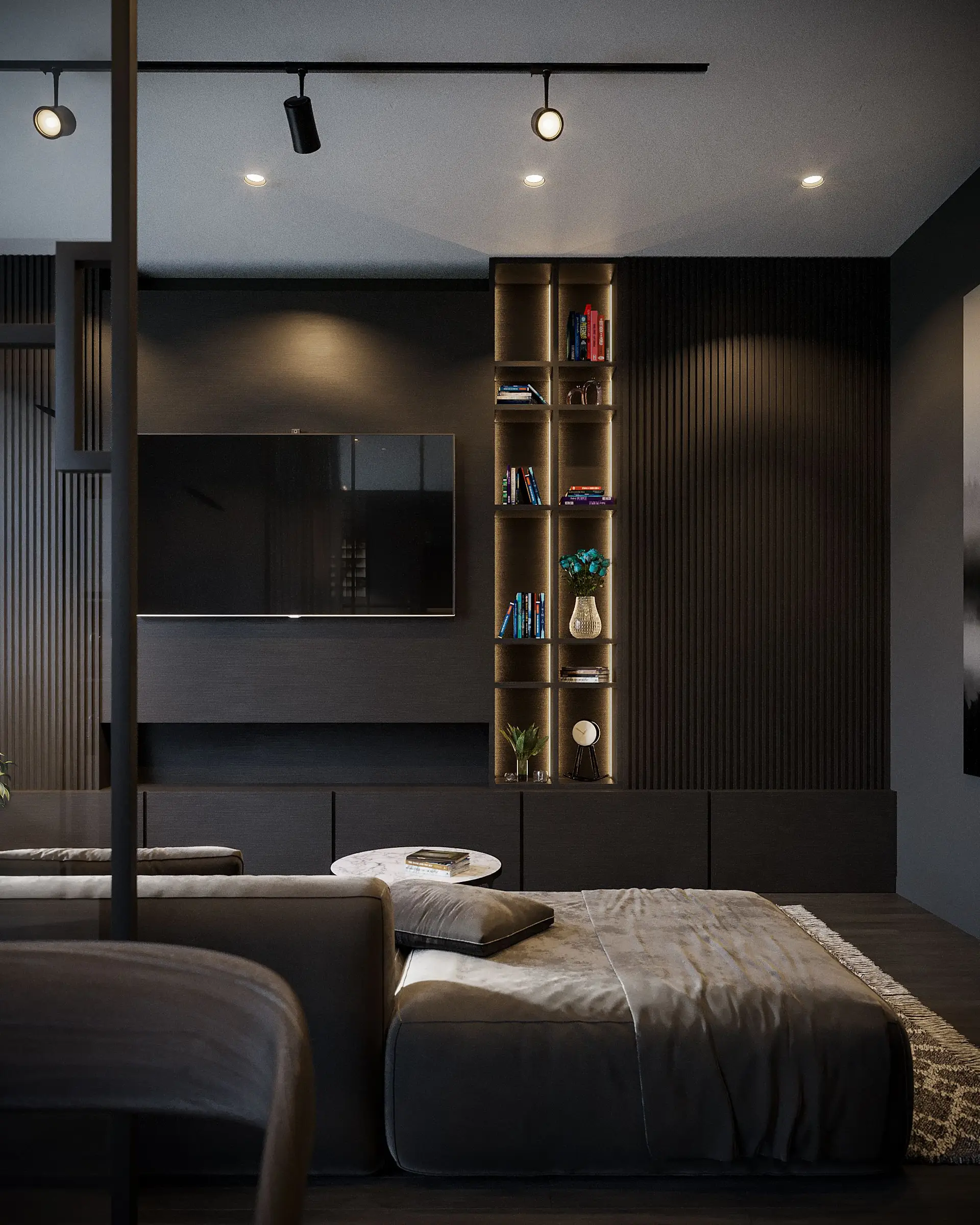 Atmospheric Canadian residential living interior with warm ambient illumination and bespoke woodwork