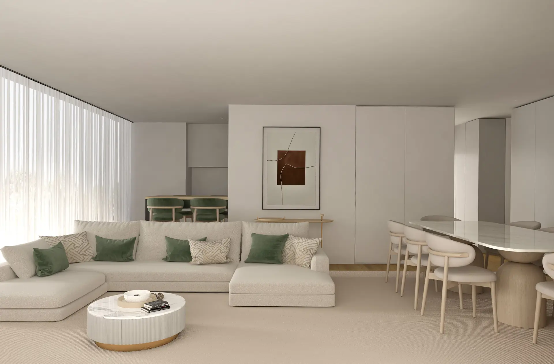 Expansive open-plan Canadian living and dining sanctuary balancing architectural symmetry with organic materials
